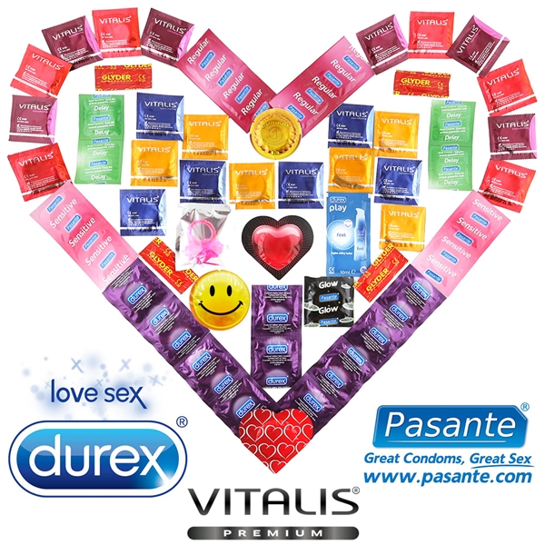 Luxusný balíček 55 kondómov Durex, Pasante a Vitalis s vibračným krúžkom a lubrikačným gélom